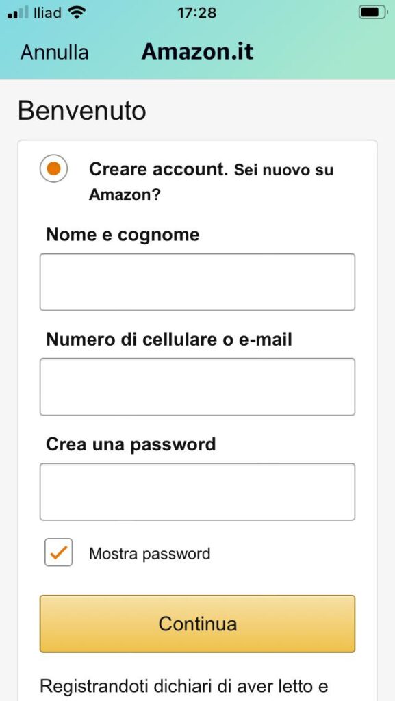 Schermata inserimento password di Amazon