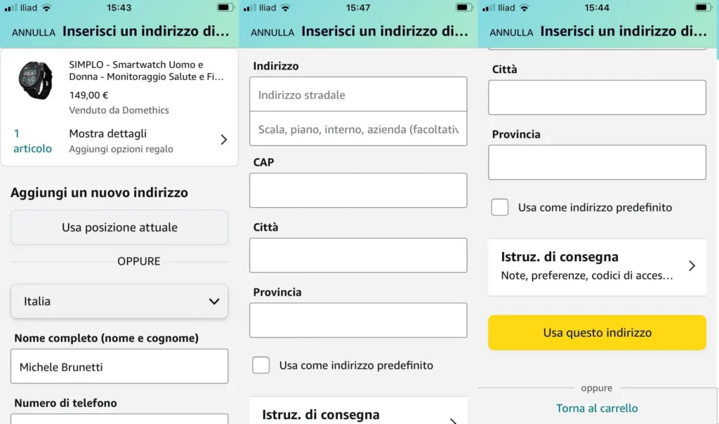 Inserimento indirizzo di consegna da app Amazon