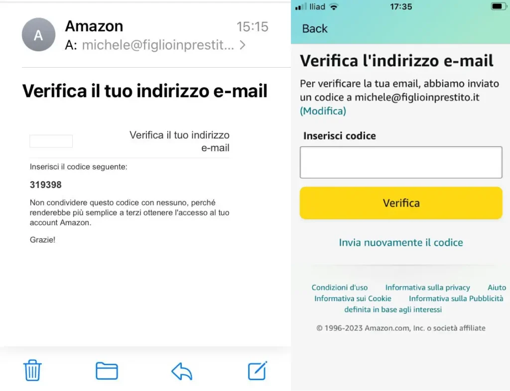 Email di verifica creazione Account Amazon