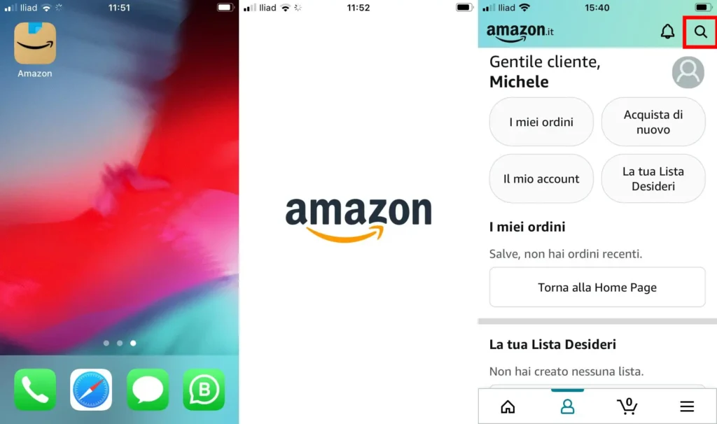 Apertura dell'app Amazon da smartphone